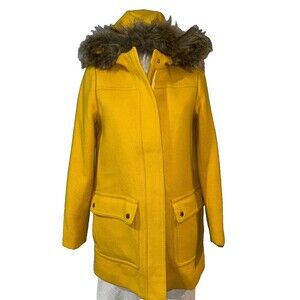 J. Crew Women’s Vail Wool Parka Coat size 4 Hooded Faix Fur Preppy Academia
